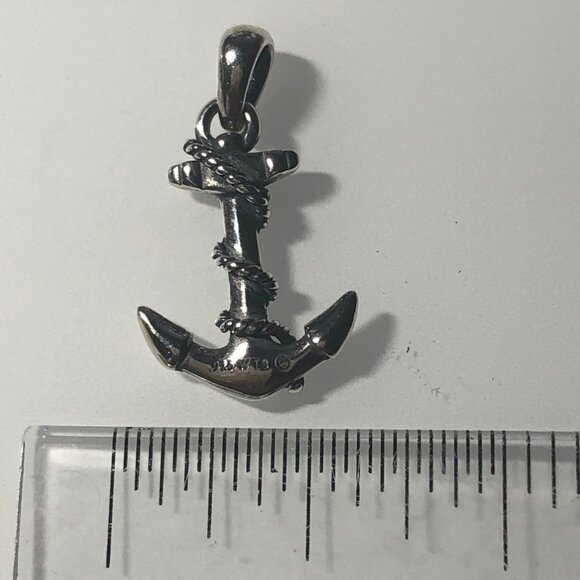 Small Oxidized Sterling Silver Nautical Anchor Pendant w/Rope - Picture 2 of 3